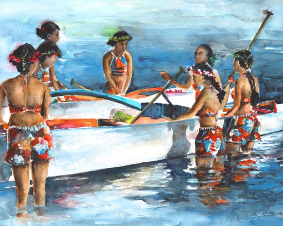 Polynesian women around canoe new s